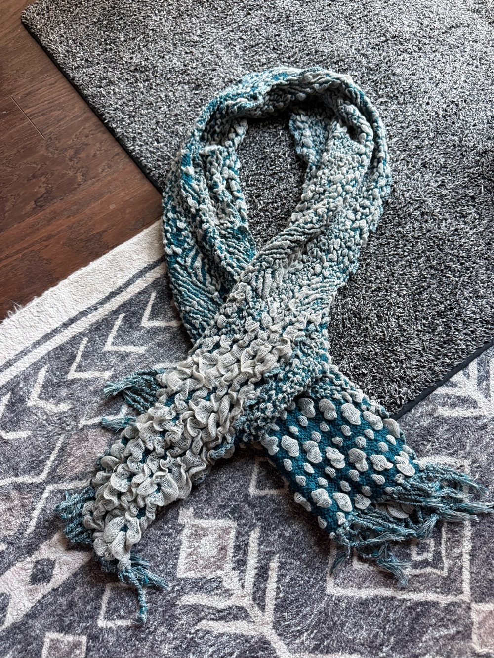Cozy Textured Blue and Gray Knit Scarf - Women Accessories